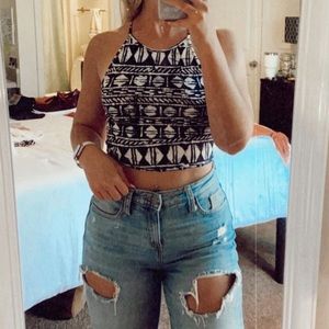 Navy and white printed cropped shirt